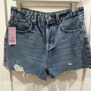 High-Rise Medium Wash Distressed Denim Shorts - Blue